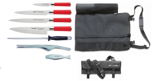 Red Asian: Avvolgibile Completo Di 4 Coltelli Red Spirit, Affilatoio E Pinze Di Dick