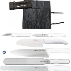 Valigetta Pasticcere: 4 Coltelli Sanelli Ambrogio Manico Bianco, 1 Spatola Pasticcere E 1 Coltello In Ceramica Kyocera Manico Bianco