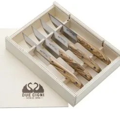 Set 4 Coltelli Bistecca Filo Liscio Manico Olivo Linea 1896 Di Due Cigni Coltellerie