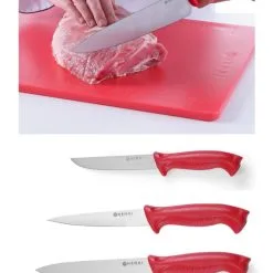 Set Carne Cruda: Tagliere + 4 Coltelli Manico Rosso HACCP