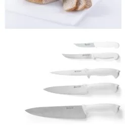 Set Per Pane O Formaggio: Tagliere Bianco + 7 Coltelli Manico Bianco HACCP