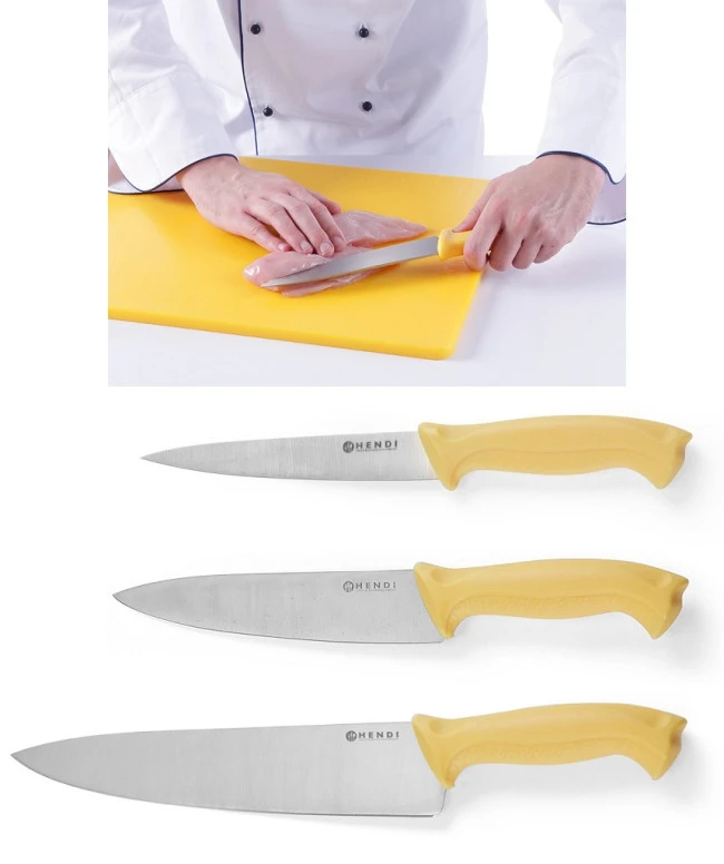 Set Per Pollame: Tagliere Giallo + 3 Coltelli Manico Giallo HACCP