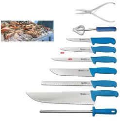 Set Completo Per Pescherie E Lavorazione Pesce: 6 Coltelli E 3 Accessori Professionali